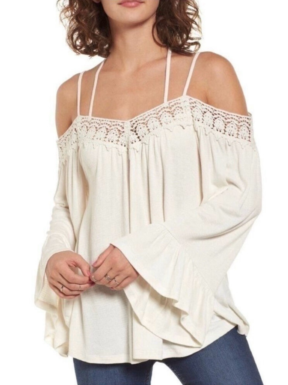 Sun & Shadow Crochet Trim Off the Shoulder Top